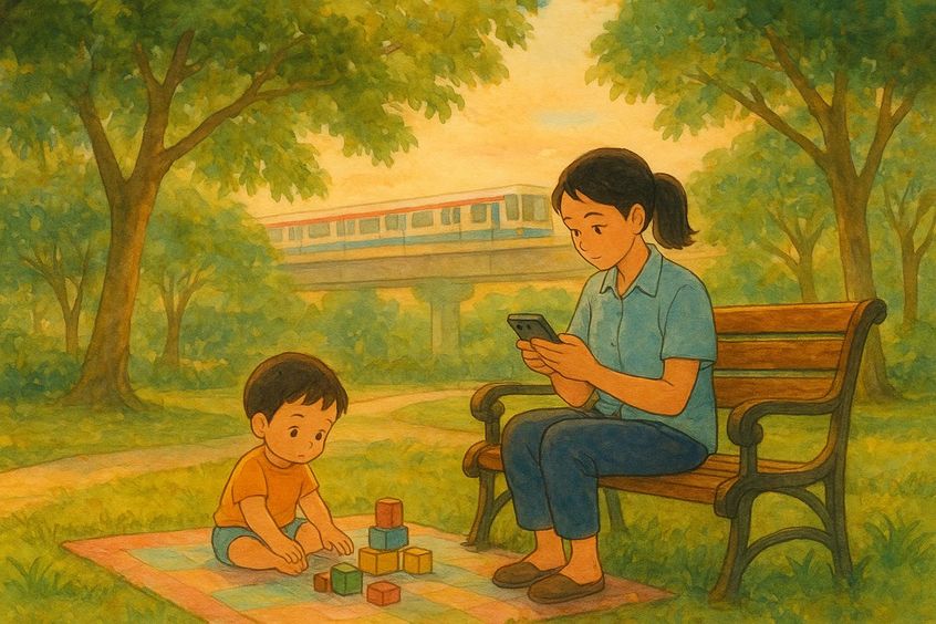 Pengasuh mengirim pesan pembaruan pengasuhan anak yang terstruktur dari taman di Bangkok