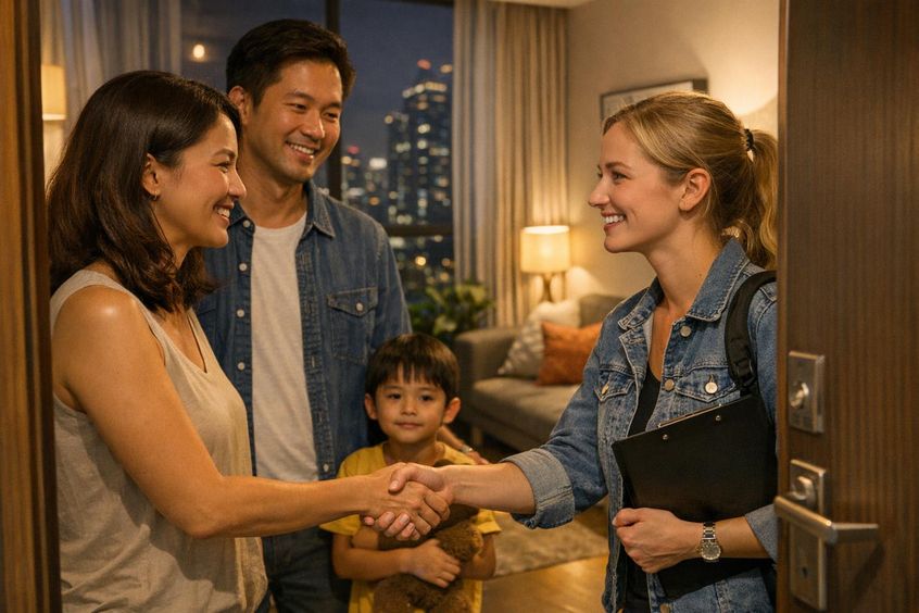 Serah terima babysitter yang tenang di depan pintu apartemen Bangkok pada malam hari