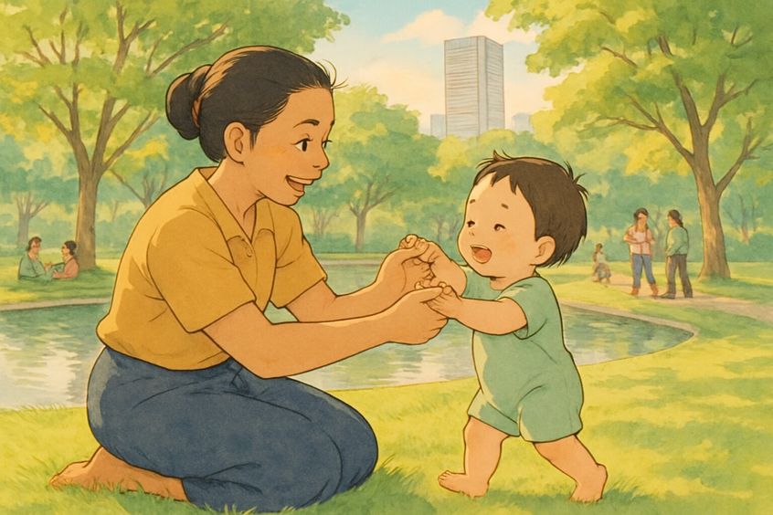 A nanny and toddler enjoying a Bangkok park