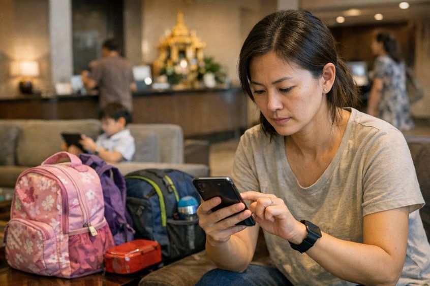 Orang tua mengirim permintaan pengasuhan darurat lewat ponsel di lobi kondominium Bangkok