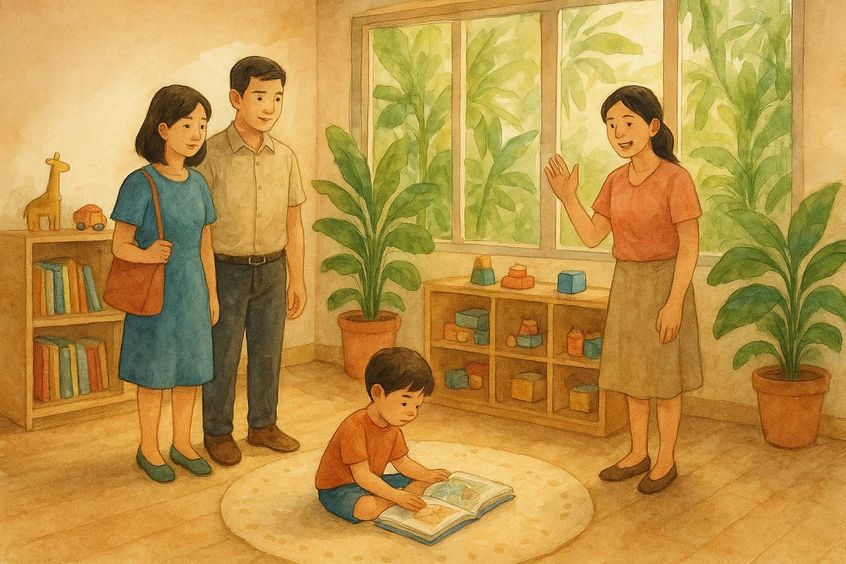 家庭在决定入学前参观沙吞幼儿园教室