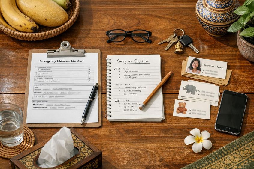 Checklist pengasuhan darurat dan daftar pendek caregiver di atas meja