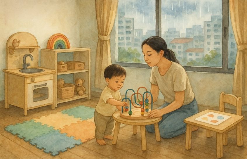 Indoor rainy-day childcare routine setup for toddlers