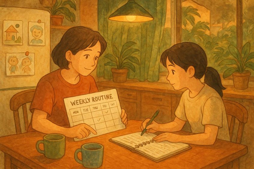 Orang tua dan pengasuh meninjau catatan rutinitas anak di rumah Bangkok