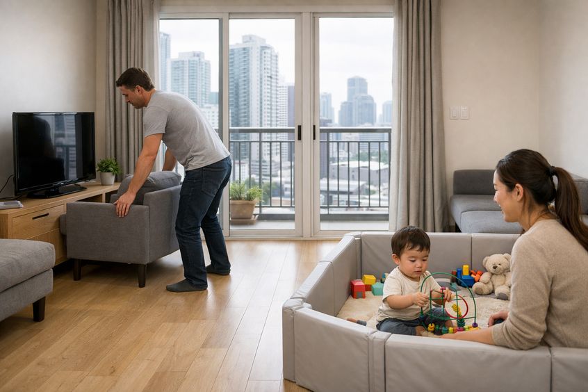 Phụ huynh di chuyển đồ nội thất ra xa ban công trong khi bé chơi ở góc an toàn