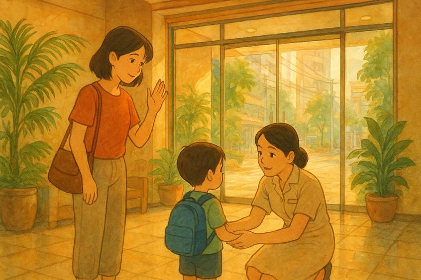 Pengasuh menggunakan komunikasi tenang saat serah terima pagi di lobi kondominium Bangkok