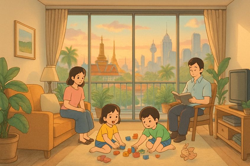 Family settling into a cozy Bangkok condo