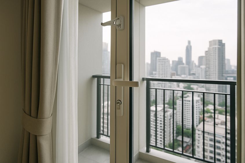 Khóa cửa ban công an toàn cho trẻ trong một chung cư hiện đại ở Bangkok