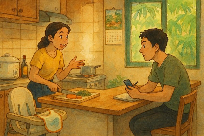 Nanny demonstrating cooking skills during Bangkok interview