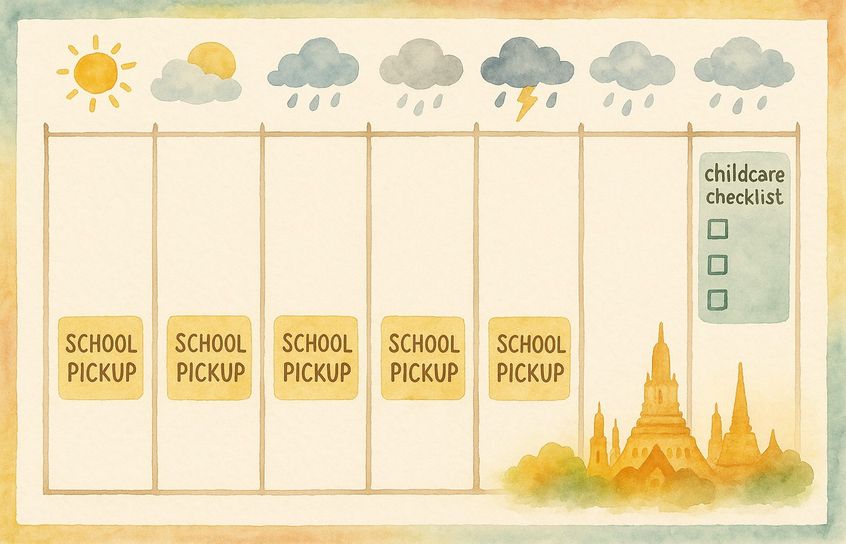 Weekly rainy-season childcare planning checklist on a family desk